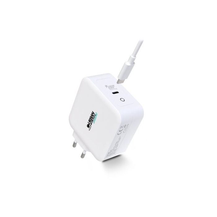 Urban Factory Cyclee Cargador de Pared USB-C GaN de 100W - Diseño Ecologico - Cable USB-C/USB-C de 2m - Color Blanco