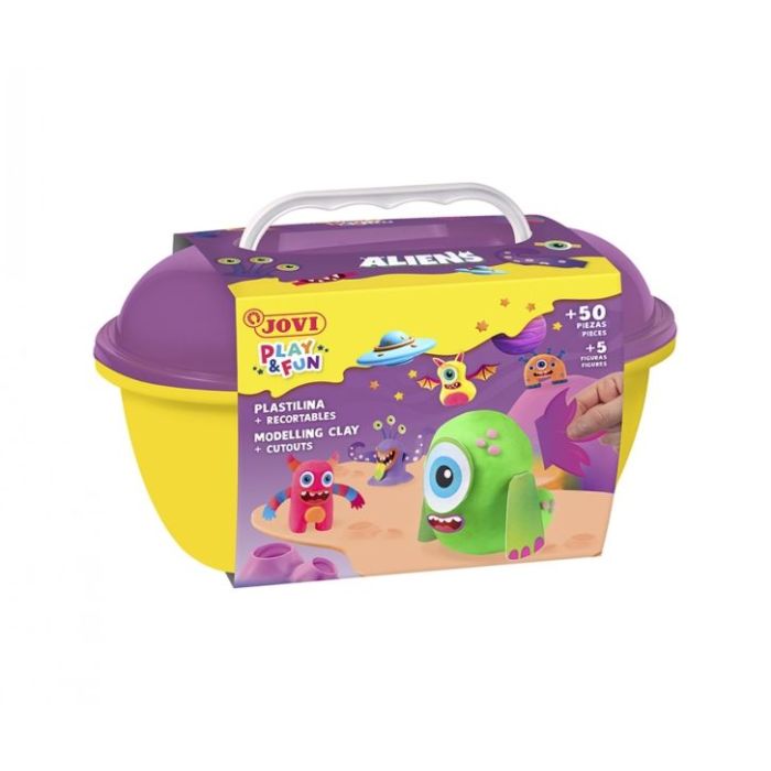 Jovi Play & Fun Cofre Aliens con 24 Barras de Plastilina 15gr + Modeladores + Recortables - Sin Gluten - Base Vegetal - No se Seca - Colores Surtidos
