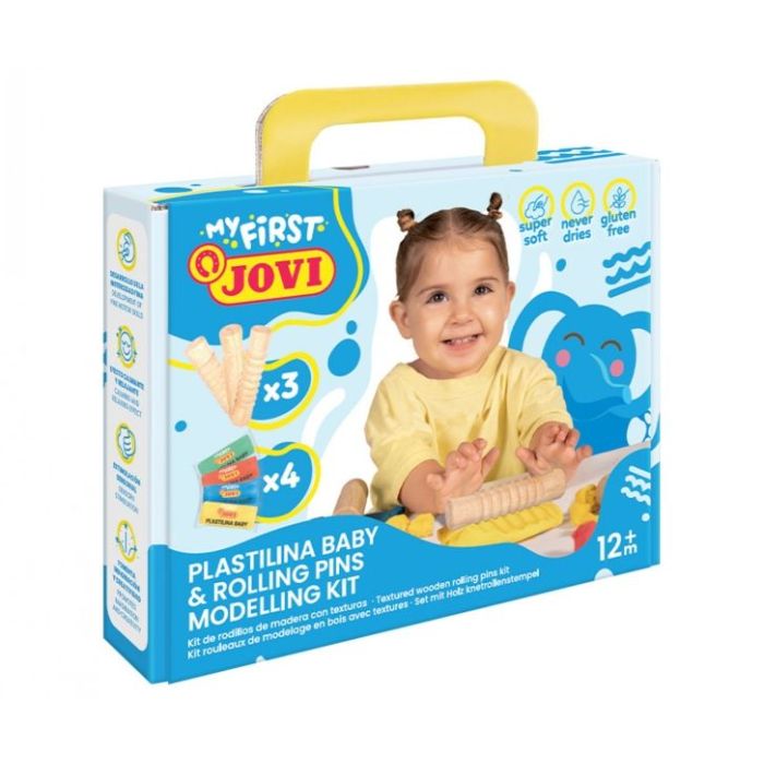 Jovi My First Plastilina Kit de Modelaje con 4 Pastillas de Plastilina 38gr + 3 Rodillos de Madera - Super Blanda - Estimula Creatividad y Sensibilidad Tactil - Fortalece Musculos de Manos y Dedos - Colores Surtidos
