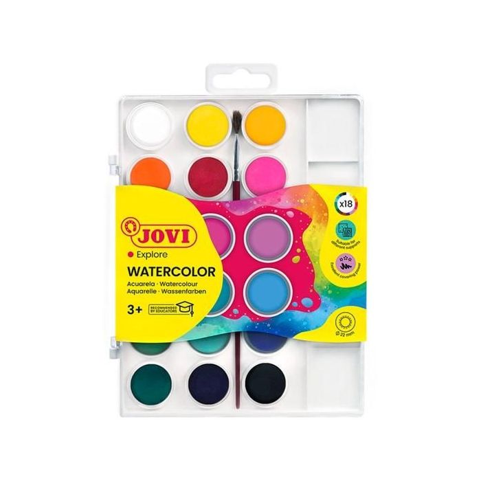 Jovi Pack de 18 Acuarelas en Pastilla 22mm + Pincel - Brillantes - Facilmente Mezclables - Colores Surtidos