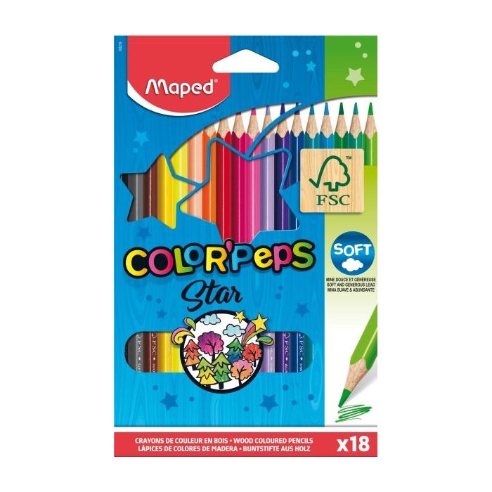 Maped Color´Peps Star Pack de 18 Lapices de Colores Triangulares - Mina Suave - Madera Certificada FSC - Colores Surtidos