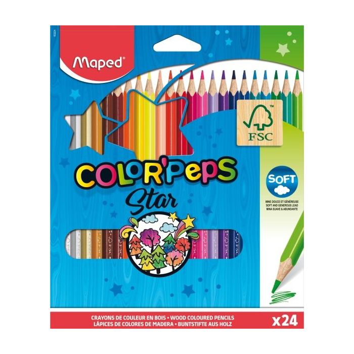 Maped Color´Peps Star Pack de 24 Lapices de Colores Triangulares - Mina Suave - Madera Certificada FSC - Colores Surtidos