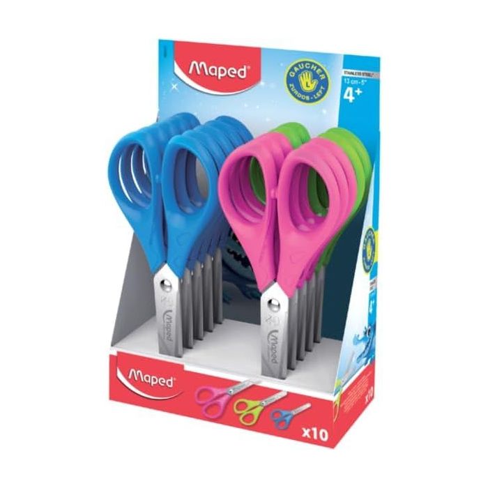 Maped Essentials Zurdos Tijera Escolar Punta Redonda 13cm - Hojas de Acero Inoxidable - Mango de Plastico Simetrico - Colores Surtidos