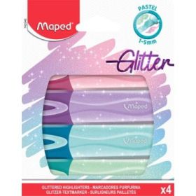 Maped Glitter Pastel Pack de 4 Marcadores Fluorescentes Pastel con Purpurina - Punta Biselada - Trazo de 1 a 5mm - Ideal para Subrayar y Resaltar - Colores Pastel con Purpurina Surtidos