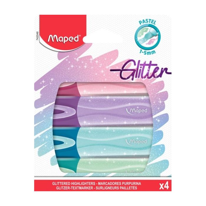 Maped Glitter Pastel Pack de 4 Marcadores Fluorescentes Pastel con Purpurina - Punta Biselada - Trazo de 1 a 5mm - Ideal para Subrayar y Resaltar - Colores Pastel con Purpurina Surtidos