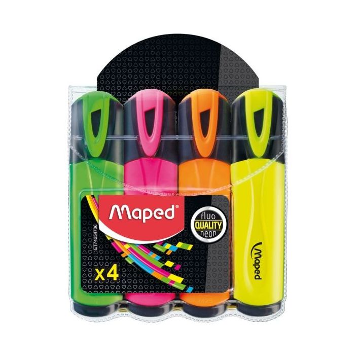 Maped Peps Classic Pack de 4 Marcadores Fluorescentes - Punta Biselada - Trazo de 1 a 5mm - Ideal para Subrayar y Resaltar - Colores Surtidos