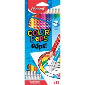 Maped Color´Peps Oops Pack de 12 Lapices de Colores Borrables - Mina 2.9mm - Con Goma de Borrar - Sin Madera - Colores Surtidos