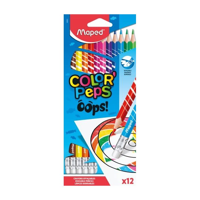Maped Color´Peps Oops Pack de 12 Lapices de Colores Borrables - Mina 2.9mm - Con Goma de Borrar - Sin Madera - Colores Surtidos