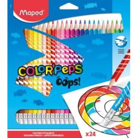 Maped Color´Peps Oops Pack de 24 Lapices de Colores Borrables - Mina 2.9mm - Con Goma de Borrar - Sin Madera - Colores Surtidos