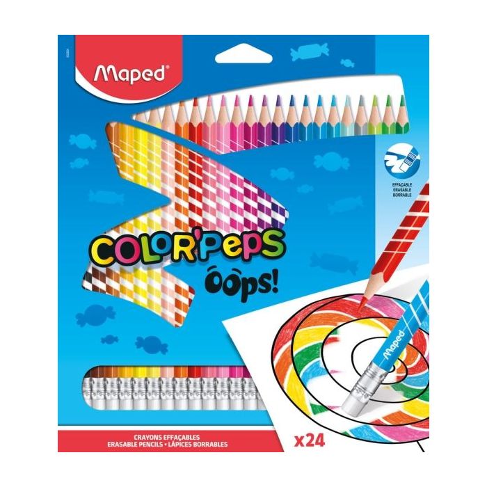 Maped Color´Peps Oops Pack de 24 Lapices de Colores Borrables - Mina 2.9mm - Con Goma de Borrar - Sin Madera - Colores Surtidos
