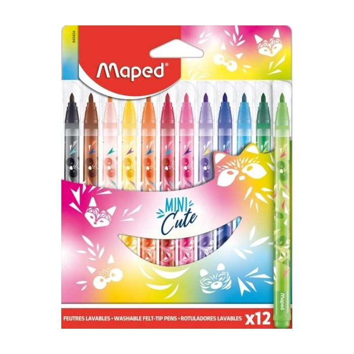 Maped Jungle Mini Cute Pack de 12 Rotuladores con Punta Media Bloqueada 2.8mm - Tinta Lavable - Colores Surtidos