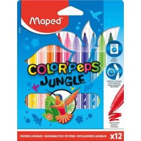 Maped Color´Peps Jungle Pack de 12 Rotuladores con Punta Media Bloqueada 2mm - Ojival, Suave y Flexible - Tinta Lavable - Colores Surtidos