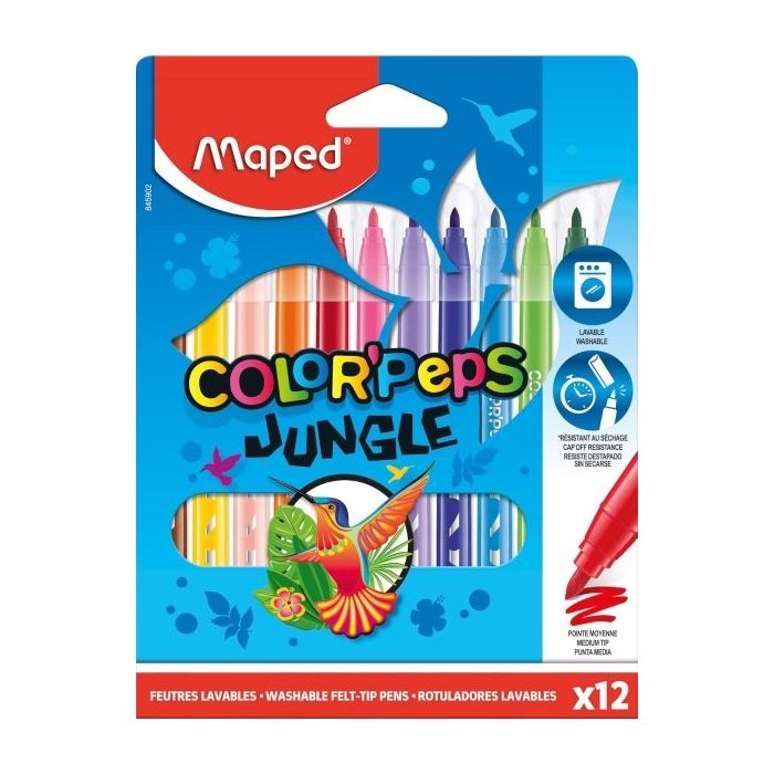 Maped Color´Peps Jungle Pack de 12 Rotuladores con Punta Media Bloqueada 2mm - Ojival, Suave y Flexible - Tinta Lavable - Colores Surtidos