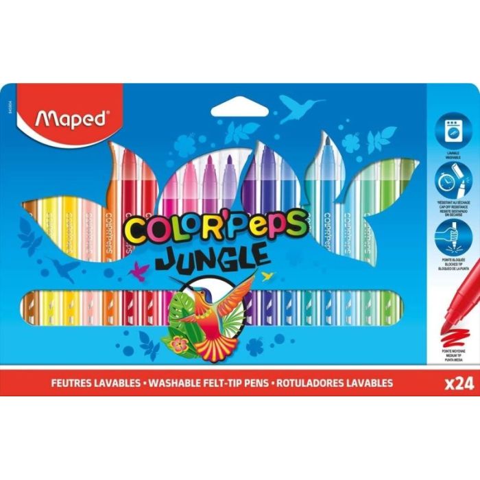 Maped Color´Peps Jungle Pack de 24 Rotuladores con Punta Media Bloqueada 2mm - Ojival, Suave y Flexible - Tinta Lavable - Colores Surtidos