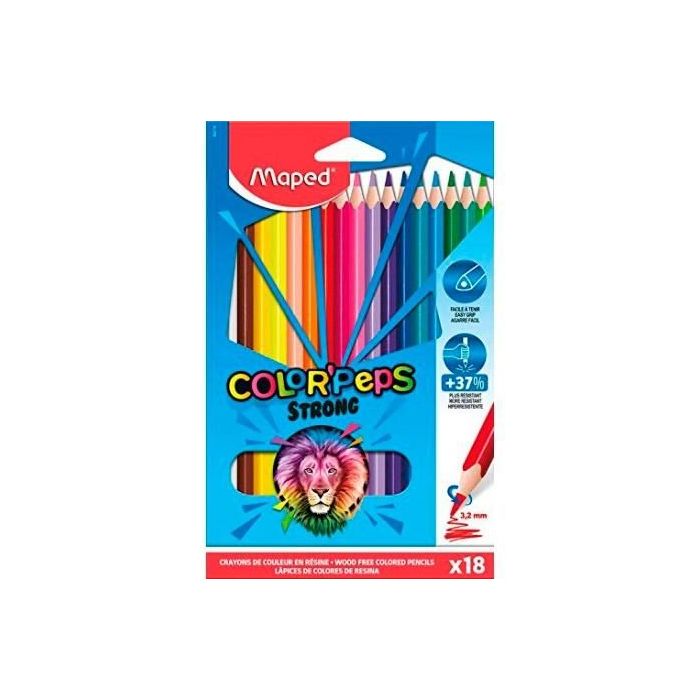 Maped Color´Peps Strong Pack de 18 Lapices Triangulares de Colores - Mina 3,2mm - Sin Madera - Punta Ultra Resistente - Colores Surtidos