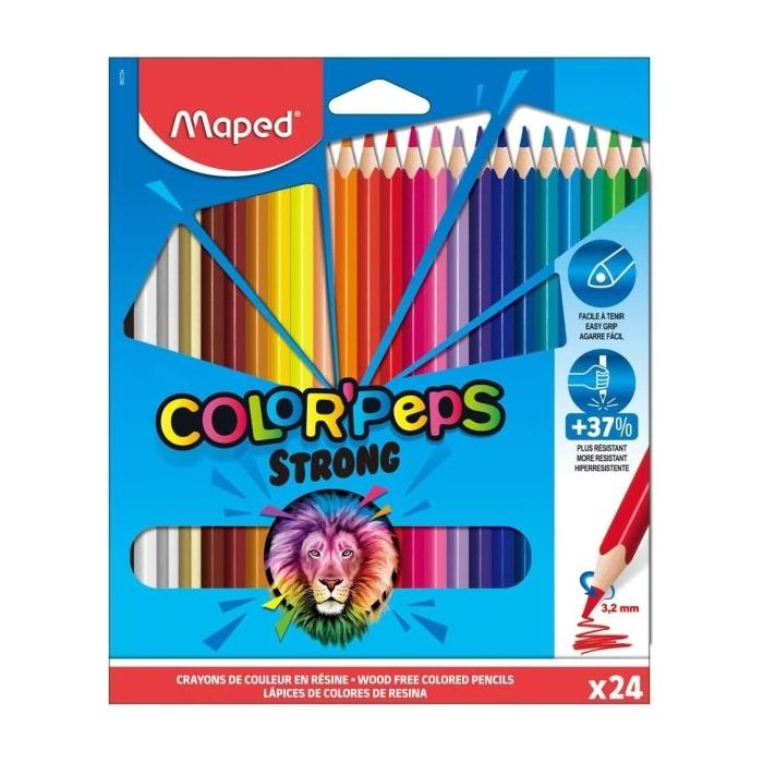 Maped Color´Peps Strong Pack de 24 Lapices Triangulares de Colores - Mina 3,2mm - Sin Madera - Punta Ultra Resistente - Colores Surtidos