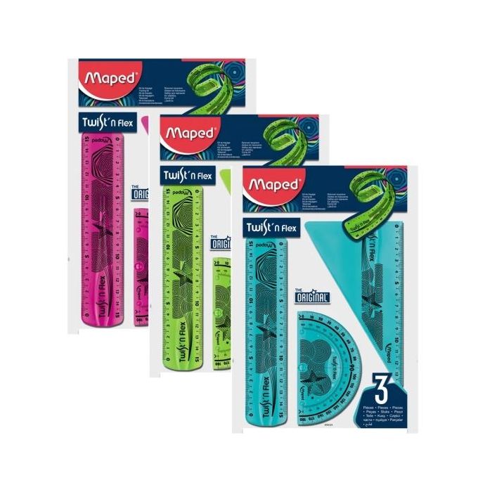 Maped Twist´n Flex Original Pack de Reglas Flexibles - Regla 15cm, Cartabon 60º/15cm, Transportador 180º/10cm - Colores Surtidos Aleatorios