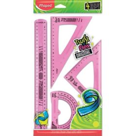 Maped Twist´n Flex Pack de Reglas Flexibles - Regla 30cm, Escuadra 45º/21cm, Cartabon 60º/21cm, Transportador 180º/12cm - Colores Surtidos Aleatorios