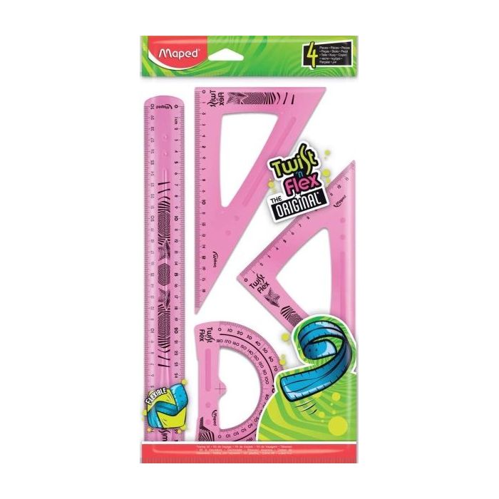 Maped Twist´n Flex Pack de Reglas Flexibles - Regla 30cm, Escuadra 45º/21cm, Cartabon 60º/21cm, Transportador 180º/12cm - Colores Surtidos Aleatorios