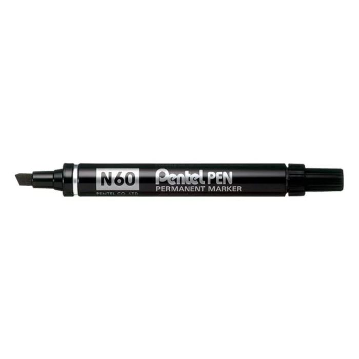 Pentel Pen N60 Rotulador Permanente - Punta Biselada Resistente y Duradera - Resistente a Agua y Luz - Color Negro