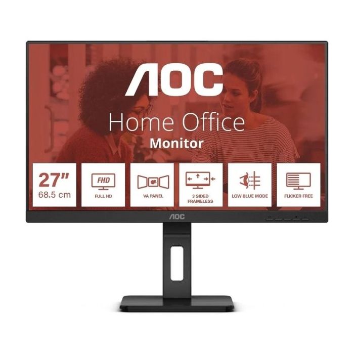 AOC Monitor 27" LED IPS FullHD 1080p 75Hz - Respuesta 4ms - Ajuste de Altura - Angulo de Vision 178° - Altavoces Incorporados - USB, HDMI, VGA, Audio - Montaje VESA 100x100