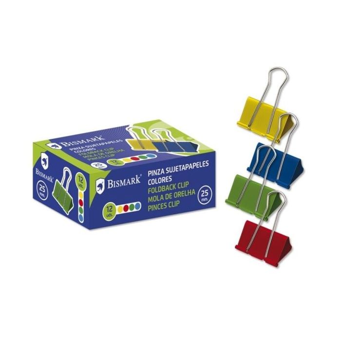 Bismark Pack de 12 Pinzas Sujetapapeles Metalicas de 25mm - Pala Abatible - Colores Surtidos