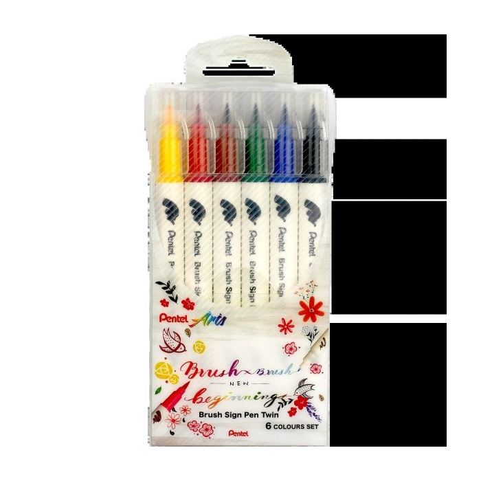 Pentel Brush Sing Pen Twin Pack de 6 Rotuladores con Doble Punta de Pincel Flexible - Punta Ancha 1-4mm, Punta Fina 0,2-2mm - Colores Surtidos