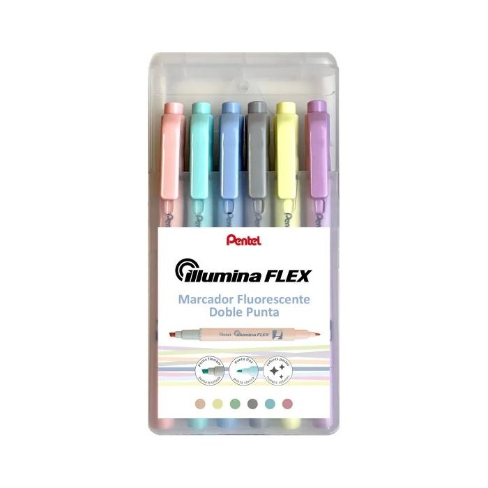 Pentel Illumina Flex Pack de 6 Marcadores Fluorescentes Doble Punta - Biselada Trazo entre 1.5 a 3.5mm - Conica Trazo 1mm - Colores  Amarillo, Gris, Melocoton, Violeta, Verde Turquesa y Azul