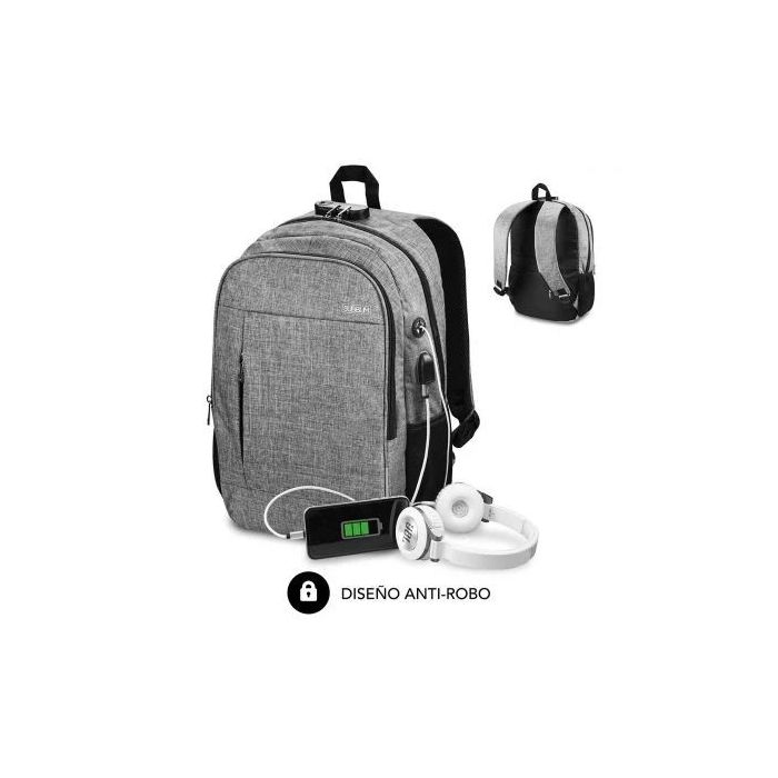 Subblim Mochila Urban Lock System - para Portatiles de hasta 16" - Bloqueo Antirrobo - Correas Ergonomicas - Espalda con Sistema Airflow - Doble Cremallera - Bolsillos Laterales de Malla - Puerto USB - Salida de Auriculares - Color Gris