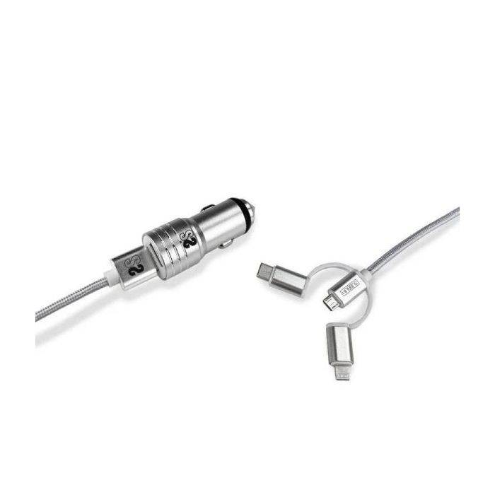 Subblim Cargador de coche doble USB - Longitud 1m - Carga rápida hasta 2.400Amp/12W - Exterior de fibra de nailon resistente - Color Plata