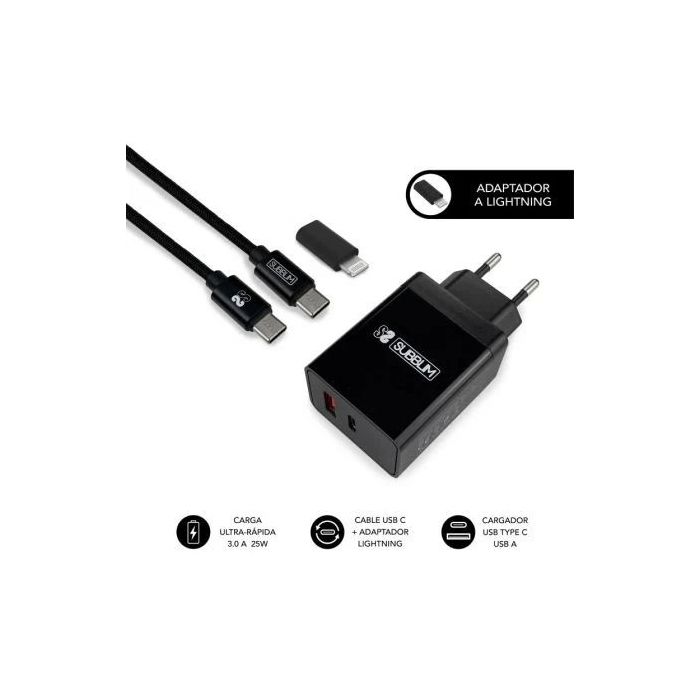 Subblim Cargador doméstico de 2 puertos - 25W - Carga rápida PD 3.0/2.0/Quick Charge 3.0 4.0 2.0 - Cable USB C reversible - Color Negro