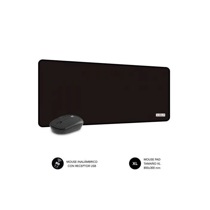 Subblim Pack Harmony Alfombrilla de Escritorio 800x300x2mm, Bordes Reforzados, Base Antideslizante + Raton Inalambrico 1200dpi, 3 Botones - Color Negro