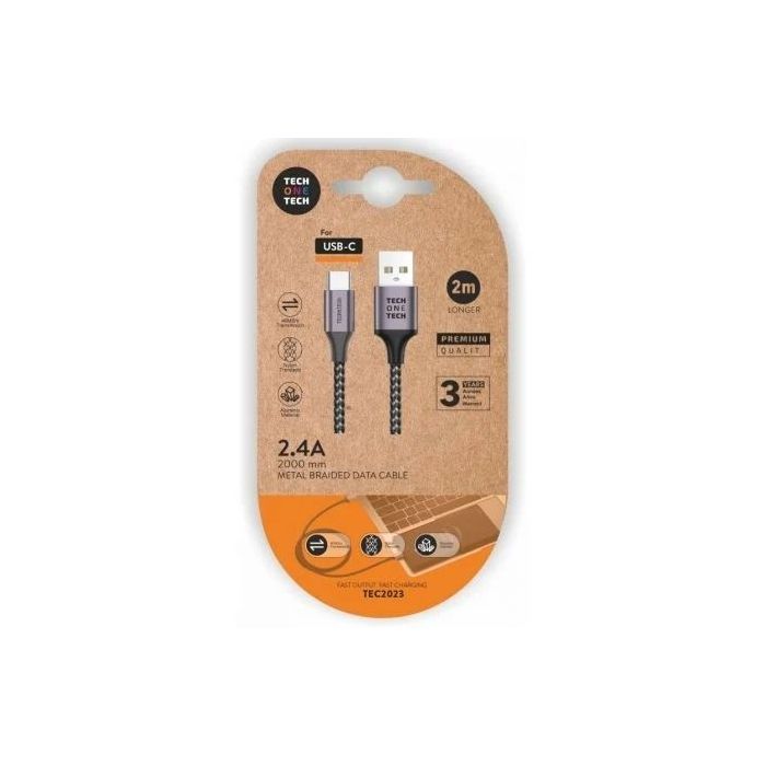 TechOneTech Cable USB-A Macho a USB-C Macho 2m - Recubierto de Nylon Trenzado