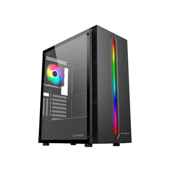 Unykach Armor Lumina Black Caja ATX, Micro ATX, Mini ITX - Lateral de Vidrio Templado - Iluminacion ARGB - 3.5" y 2.5" - USB-A 2.0, 3.0 y Audio - 1 Ventiladores 120mm ARGB Instalado - Soporta Refrigeracion Liquida