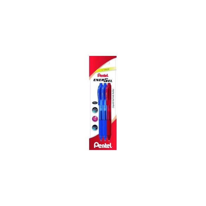 Pentel EnerGel X Pack de 3 Boligrafos de Bola Retractiles Tinta Gel - Punta 0.7mm - Trazo 0.35mm - Recargable - Grip de Agarre - 50% de Materiales Reciclados - Color 2x Azul y 1x Rojo