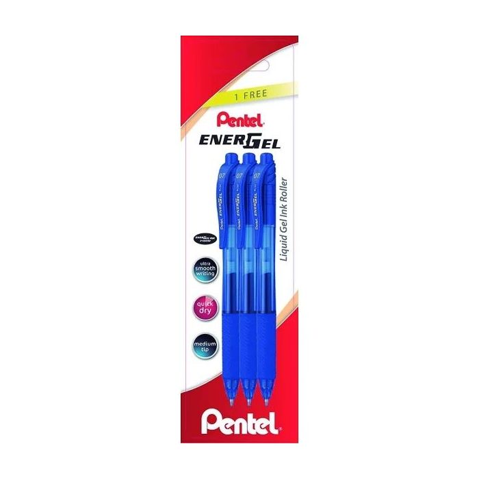 Pentel EnerGel X Pack de 3 Boligrafos de Bola Retractiles Tinta Gel - Punta 0.7mm - Trazo 0.35mm - Recargable - Grip de Agarre - 50% de Materiales Reciclados - Color Azul