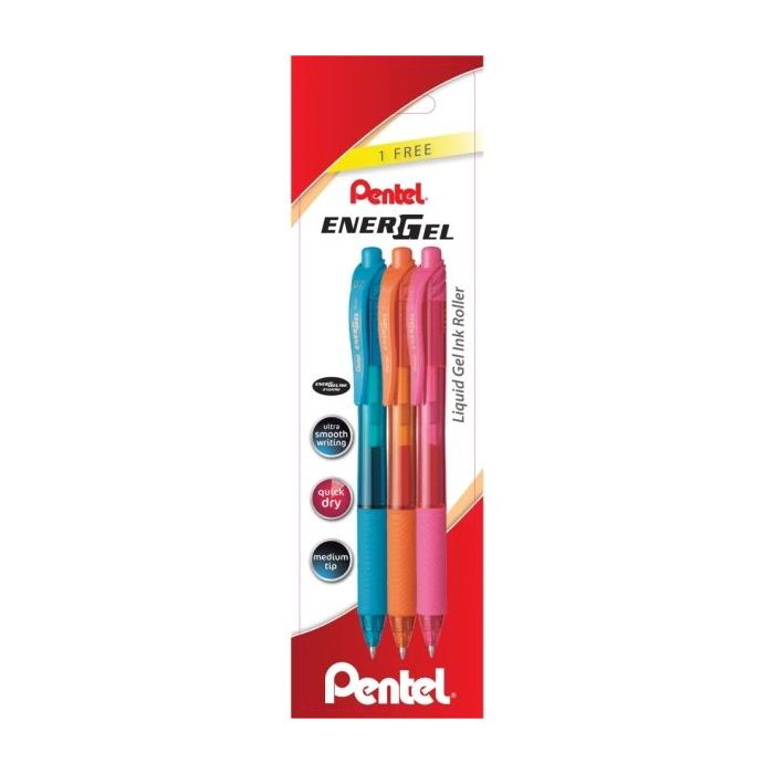 Pentel EnerGel X Pack de 3 Boligrafos de Bola Retractiles Tinta Gel - Punta 0.7mm - Trazo 0.35mm - Recargable - Grip de Agarre - 50% de Materiales Reciclados - Colores Surtidos