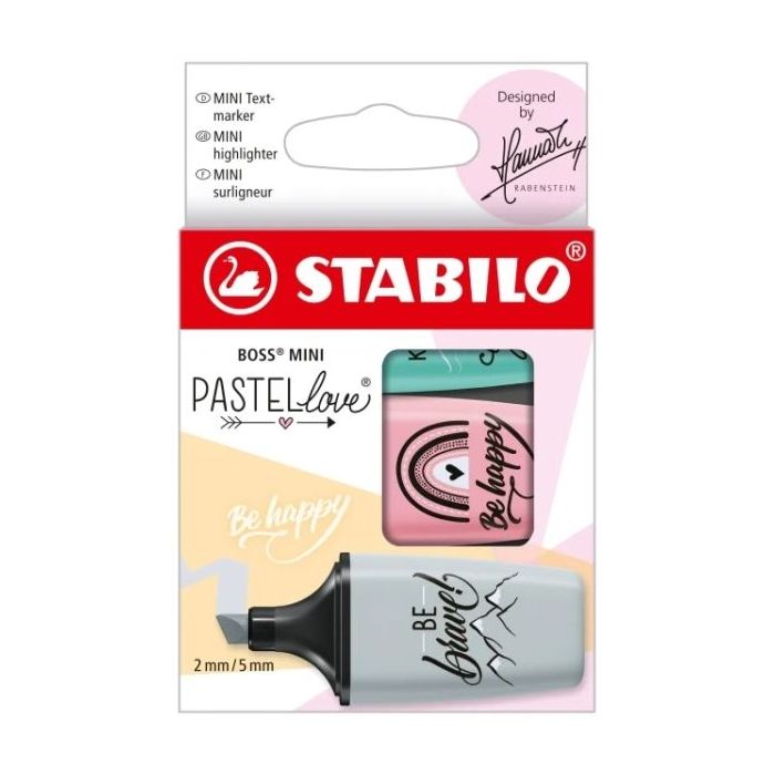 Stabilo Boss Mini Pastellove Pack de 3 Marcadores Fluorescentes - Trazo entre 2 y 5mm - Tinta con Base de Agua - Antisecado - Colores Rosa, Turquesa y Gris