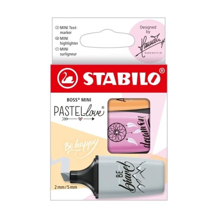 Stabilo Boss Mini Pastellove Pack de 3 Marcadores Fluorescentes - Trazo entre 2 y 5mm - Tinta con Base de Agua - Antisecado - Colores Fucsia, Naranja y Gris