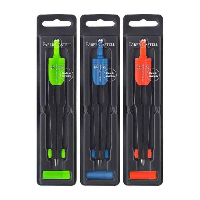 Faber-Castell Compas Escolar - Circunferencias de hasta Ø 360mm - Incluye Bote de Minas - Colores Surtidos