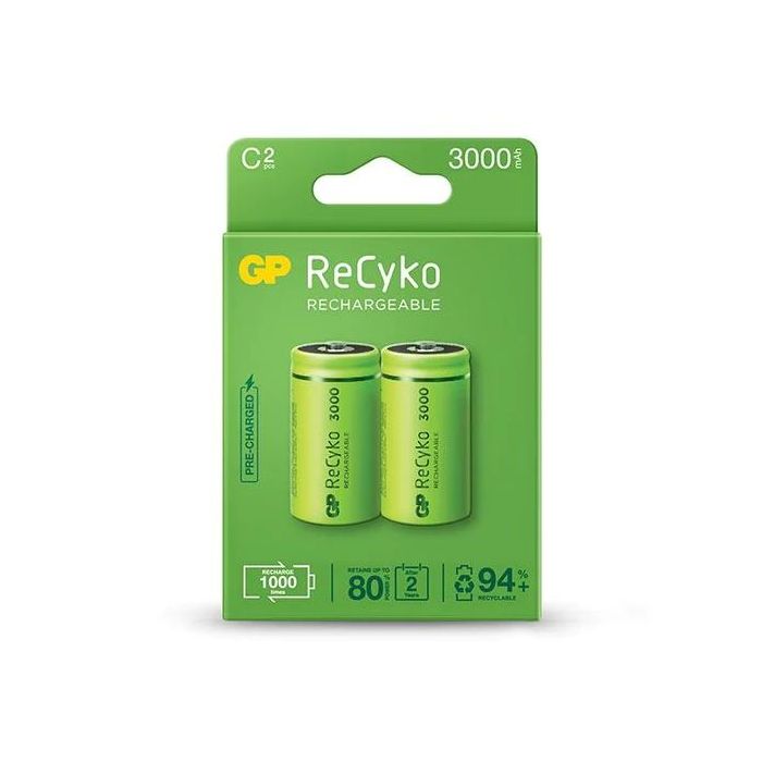 GP ReCyko Pack de 2 Pilas Recargables 3000mAh C 1.2V - Precargadas - Ciclo de Vida: Hasta 1000 Veces