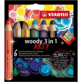 Stabilo Woody 3 en 1 Arty Pack de 6 Lapices de Colores + Sacapuntas - Lapiz de Color, Cera y Acuarela, Todo en Uno - Mina XXL 10mm - Colores Surtidos