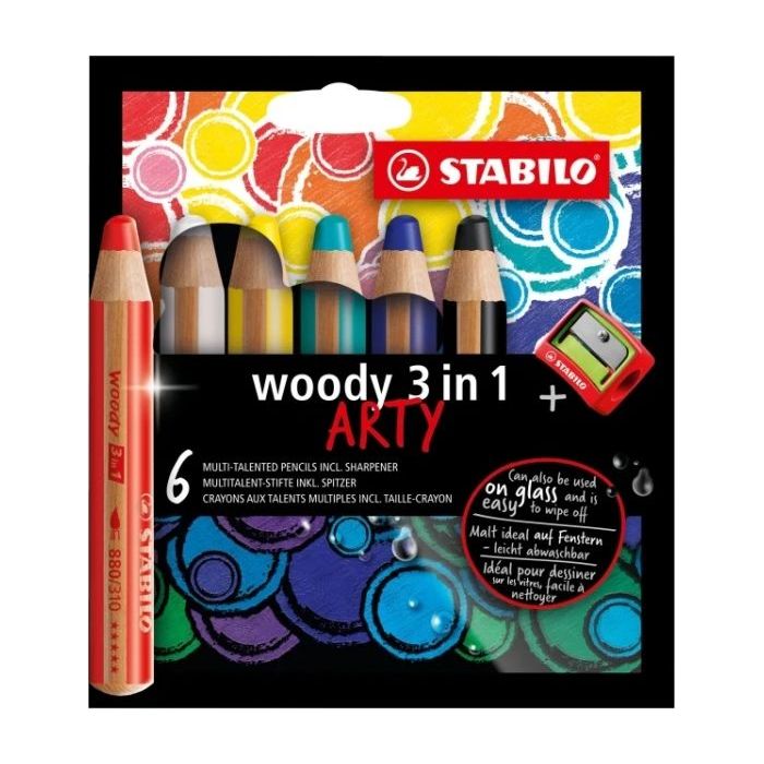 Stabilo Woody 3 en 1 Arty Pack de 6 Lapices de Colores + Sacapuntas - Lapiz de Color, Cera y Acuarela, Todo en Uno - Mina XXL 10mm - Colores Surtidos
