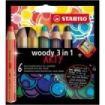 Stabilo Woody 3 en 1 Arty Pack de 6 Lapices de Colores + Sacapuntas - Lapiz de Color, Cera y Acuarela, Todo en Uno - Mina XXL 10mm - Colores Surtidos