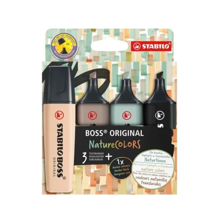Stabilo Boss Naturecolors Pack de 4 Marcadores - Trazo entre 2 y 5mm - Tinta con Base de Agua - Colores Negro, Beige, Gris Calido y Verde Tierra