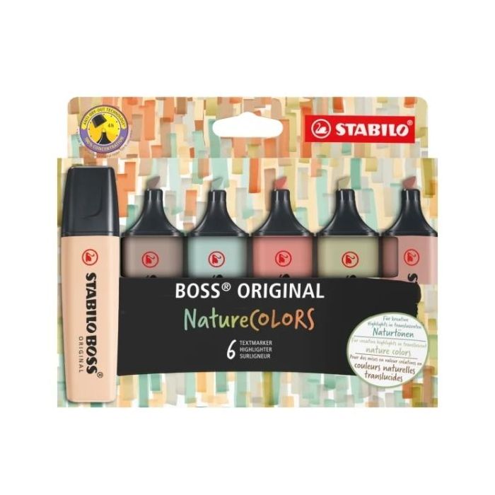 Stabilo Boss Naturecolors Pack de 6 Marcadores - Trazo entre 2 y 5mm - Tinta con Base de Agua - Colores Siena, Beige, Ocre Oscuro, Gris Calido, Verde Barro y Verde Tierra