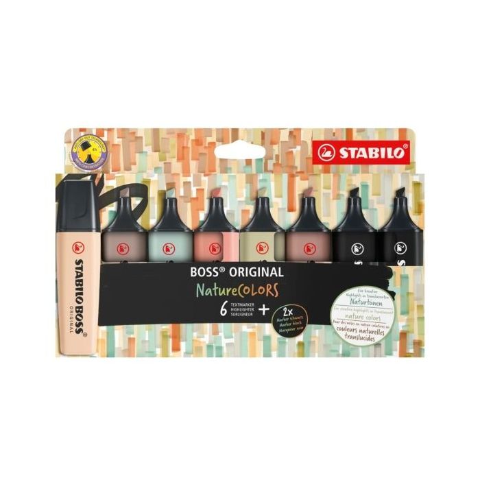 Stabilo Boss Naturecolors Pack de 8 Marcadores - Trazo entre 2 y 5mm - Tinta con Base de Agua - Colores Siena, Beige, Ocre Oscuro, Gris Calido, Verde Barro, Verde Tierra y Negro (x2)