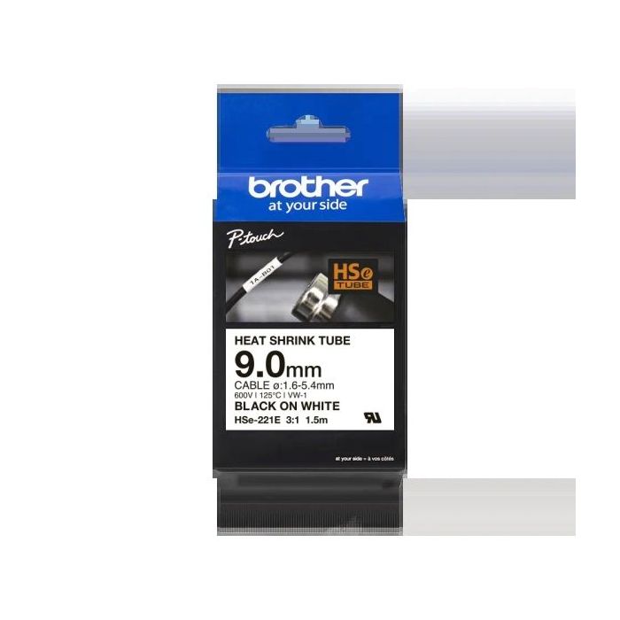 Brother HSe221E Cinta Tubo Termorretractil Original de Etiquetas para Cables - Texto negro sobre fondo blanco - Ancho 9mm x 1.5 metros - Cable recomendado Ø 1.6mm a 5.4mm