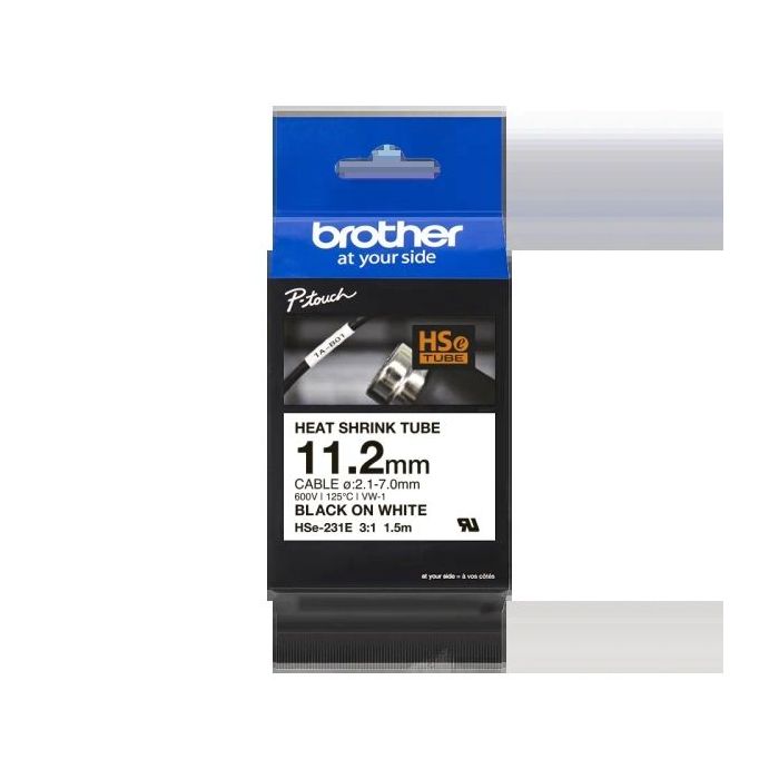 Brother HSe231E Cinta Tubo Termorretractil Original de Etiquetas para Cables - Texto negro sobre fondo blanco - Ancho 11.2mm x 1.5 metros - Cable recomendado Ø 2.1mm a 7.0mm
