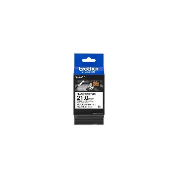 Brother HSe251E Cinta Tubo Termorretractil Original de Etiquetas para Cables - Texto Negro sobre Fondo Blanco - Ancho 21mm x 1.5 metros - Cable Recomendado Ø 4.2mm a 13.5mm